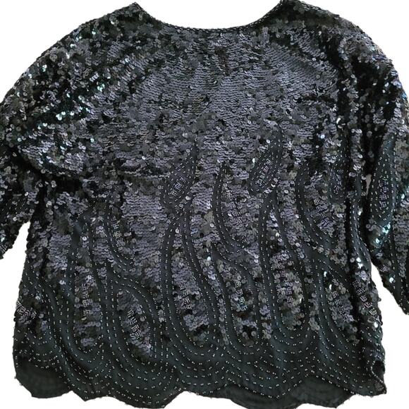 St. Eve Milano Black Long Sleeve Subtle Iridescent Sequin Beaded Scallop Hem Top - Picture 4 of 11